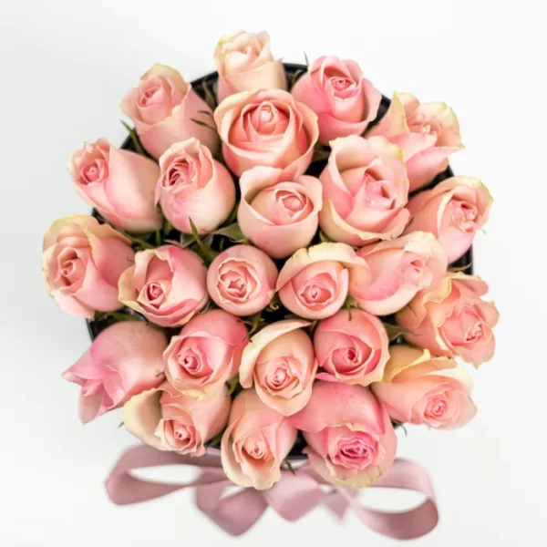 25 nezhno rozovyh roz v chernoj korobke 4